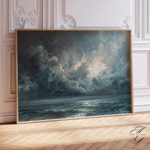 May include: A painting of a stormy seascape with dark blue clouds and a bright light shining through the clouds. The sea is a dark blue and the waves are white.