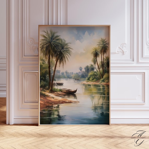 ナイル川の水彩画、エジプトの風景画、ヤシの木の風景 - Etsy 日本