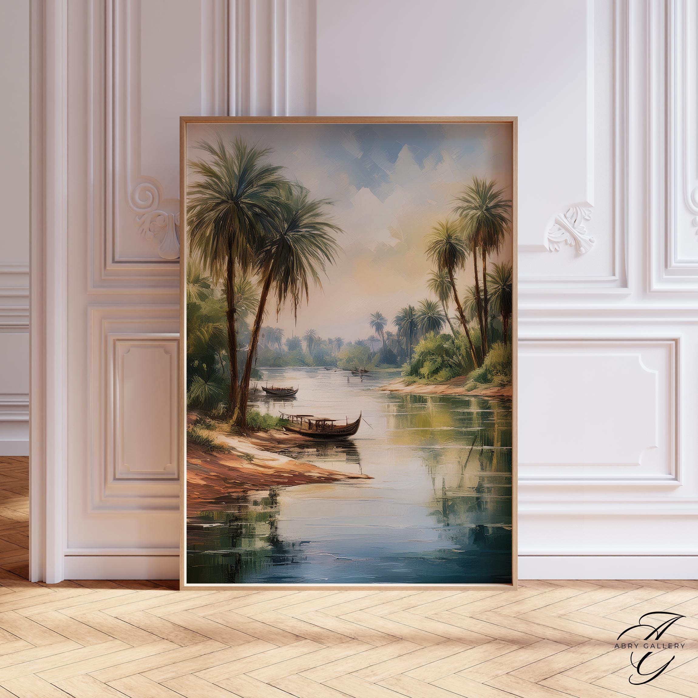 ナイル川の水彩画、エジプトの風景画、ヤシの木の風景 - Etsy 日本