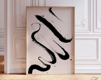 Impression d'art abstraite coup de pinceau : décoration minimaliste en noir et blanc