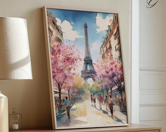 Eiffel Tower Watercolor Art Print: Paris Cherry Blossom Decor