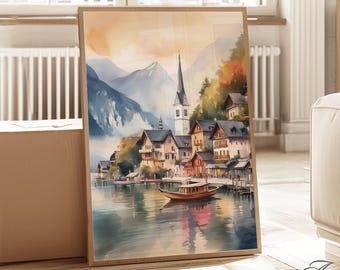 Impresión artística en acuarela de Hallstatt, Austria: Pueblo en un lago alpino