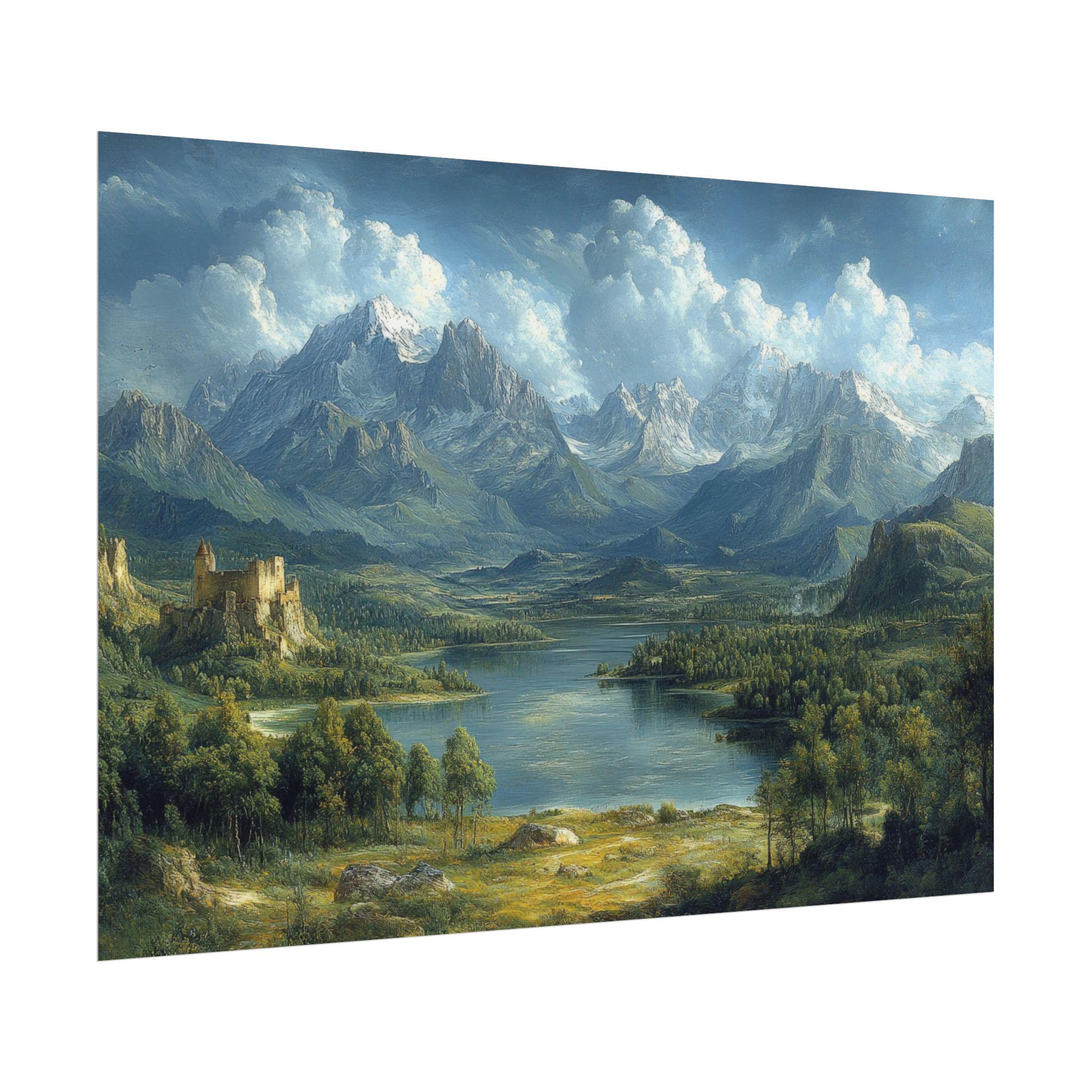 ヴィンテージマウンテンレイクアートプリント：風光明媚な城の風景