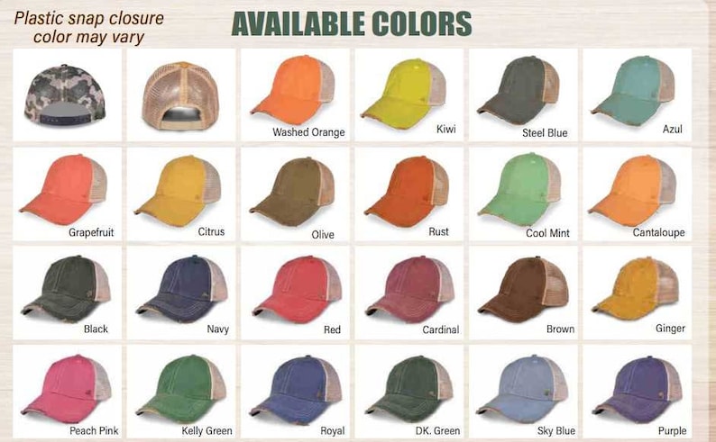 May include: A chart displaying 24 different colours of trucker hats. The hats are all the same style, with a mesh back and a solid front. The colours include washed orange, kiwi, steel blue, azul, grapefruit, citrus, olive, rust, cool mint, cantaloupe, black, navy, red, cardinal, brown, ginger, peach pink, kelly green, royal, dark green, sky blue, and purple.