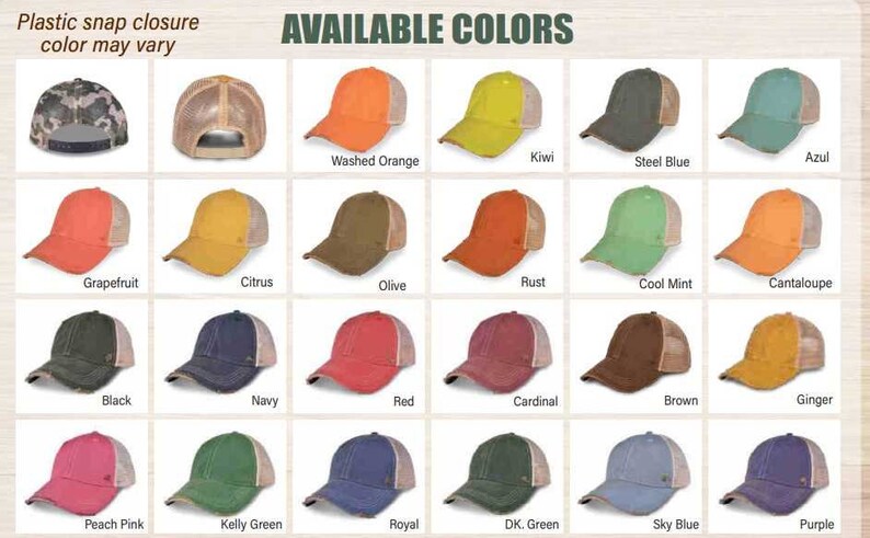 K&ouml;nnte beinhalten: Eine Tabelle mit 24 verschiedenen Farben von Trucker-Caps. Die Caps haben alle den gleichen Stil, mit einem Netzr&uuml;cken und einer einfarbigen Vorderseite. Die Farben umfassen gewaschenes Orange, Kiwi, Stahlblau, Azul, Grapefruit, Zitrus, Olive, Rost, Minze, Cantaloupe, Schwarz, Marineblau, Rot, Kardinal, Braun, Ingwer, Pfirsichrosa, Kellygr&uuml;n, Royal, Dunkelgr&uuml;n, Himmelblau und Lila.