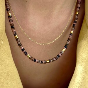 Muted Pink and Black Necklace – 4 mm Heishi Rhodonite  Gemstobe Beads, Gold Color Accents – Boho Necklace, Statement Jewelry