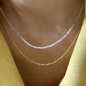 Dainty Minimalist Choker Necklace – 2 mm Labradorite Gemstone Beads, Gold Color Accents – Layering Jewelry