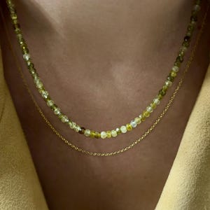 Minimalist Necklace – 4 mm Faceted Rondelle Green Garnet Gemstone Beads, Gold Color Findings – Handmade Jewelry, Boho Layering Necklace
