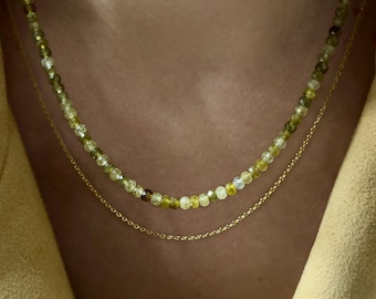 Green Garnet Beaded Necklace: 24K Gold Plated, Boho Layering Jewelry