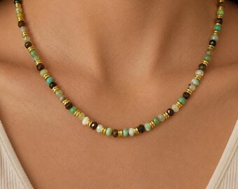 Chrysoprase Gemstone Boho Necklace: 16K Gold Plated Accents, Layering Jewelry