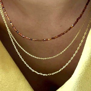 Dainty Brown Garnet Choker Necklace – 2 mm Faceted Round Garnet Beads, Gold Color Findings – Minimalist Beaded Layering Jewelry
