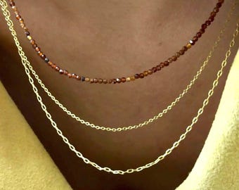 Dainty Brown Garnet Minimalist Necklace, Layering Boho Jewelry