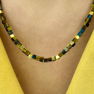 Cubic Tiger's Eye Necklace with Gold Color Accents – Gemstone Jewelry for Women