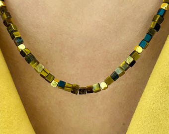 Tiger's Eye Necklace with Cube Beads and Gold Accents