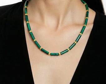 マラカイトビーズネックレス（ゴールドカラビナ留め） - Etsy 日本