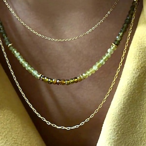 Green Beaded Necklace – 4 mm Faceted Rondelle Garnet Gemstone Beads, Gold Color Accents – Handmade Gemstone Necklace, Layering Boho Jewelry