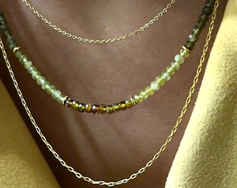 Gradient Green Garnet Beaded Necklace: 16K Gold-Plated Accents