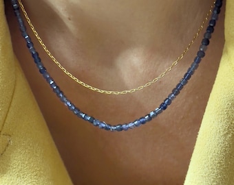 Minimalist Iolite Necklace: 3mm Square Gemstone Beads, Rhodium Clasp