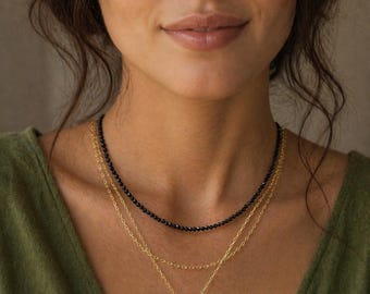 2 Piece Jewelry Set - Dainty Black Spinel Necklace & Double Chain Necklace with Teardrop Pendant