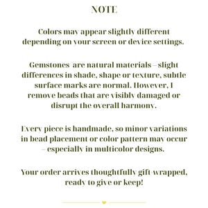 May include: A white informational card with dark text that reads: NOTE. Colors may appear slightly different depending on your screen or device settings. Gemstones are natural materials, slight differences in shade, shape or texture are normal.