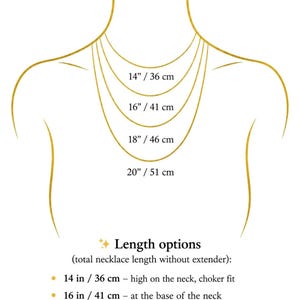 May include: A gold-colored line drawing of a neck and chest displaying four necklace length options: 14 inches (36 cm), 16 inches (41 cm), 18 inches (46 cm), and 20 inches (51 cm). Text labels indicate these specific lengths for necklace sizing.
