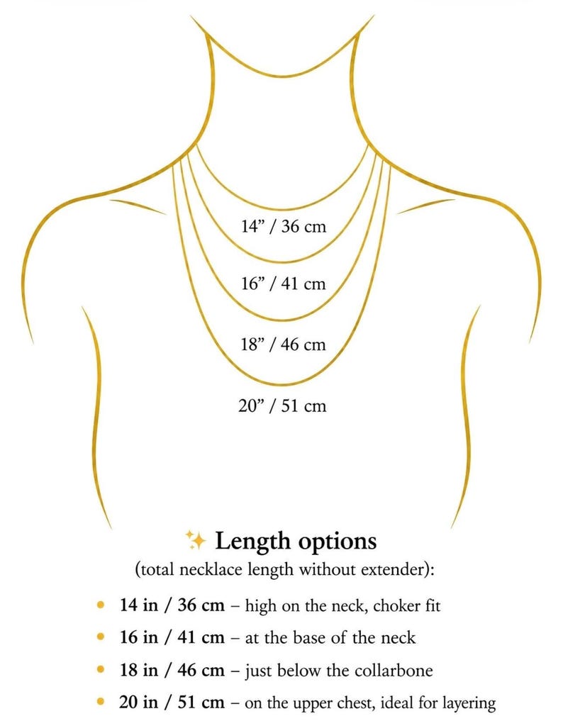 May include: A gold-colored line drawing of a neck and chest displaying four necklace length options: 14 inches (36 cm), 16 inches (41 cm), 18 inches (46 cm), and 20 inches (51 cm). Text labels indicate these specific lengths for necklace sizing.