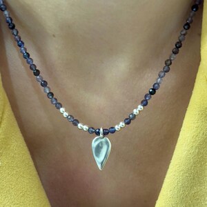 Blue Iolite Beaded Necklace: Silver Accents, Minimalist Boho Style