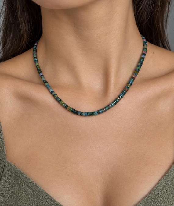 Black, Tree or Green Indian Agate Minimalist Classic Necklace • 4×2 mm Heishi Beads