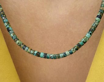 Minimalist Heishi Chrysocolla Gemstone Necklace - Layering Adjustable Jewelry for Woman