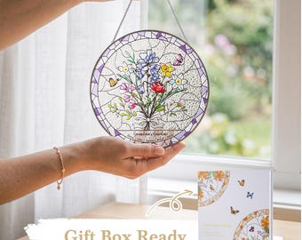 Gift-Ready Birth Flower Suncatcher with Magnetic Box, Personalized Stained Glass Window Hanging, Grandma's Garden Gift for Mom Grandma