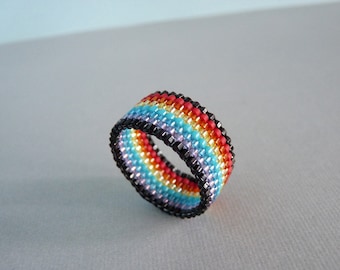 Happy Hand Woven Rainbow Band Beaded Ring
