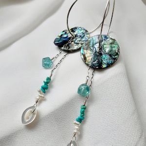 May include: A pair of silver hoop earrings with a large iridescent shell charm and a dangling chain of turquoise and white beads.