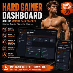 May include: An advertisement for a "Hard Gainer Dashboard" weight gain tracker, featuring a laptop and smartphone displaying the app interface. A muscular man is in the background. Text includes "Offline Weight Gain Tracker" and "Instant Digital Download".