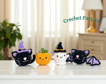 Paquete de patrones de crochet para Halloween: Gato, calabaza, fantasma y murciélago amigurumi (patrón en PDF)