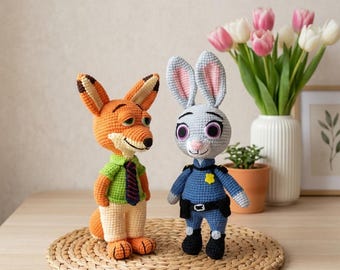 Nick & Judy-bundel met haakpatroon, pdf amigurumi vos en konijn, geïnspireerde dierenhaakpatroonset