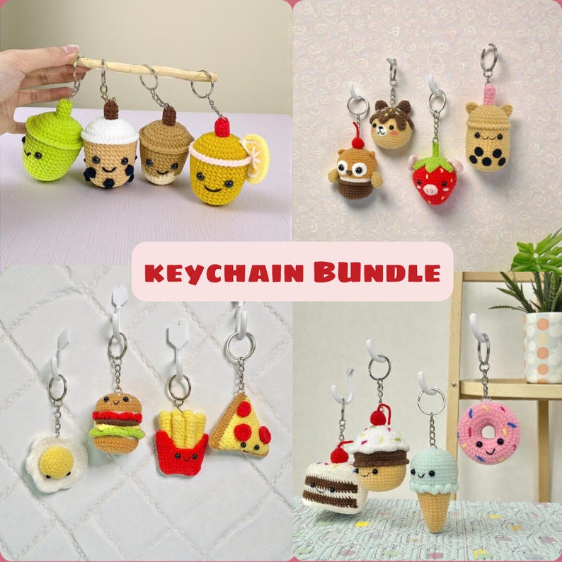 May include: A collection of crocheted keychains featuring food and drink designs. Includes a green bubble tea, a burger, fries, pizza, a slice of cake, an ice cream cone, and a donut. The text "KEYCHAIN BUNDLE" is also visible.