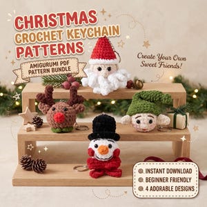 Christmas Crochet Keychain Pattern Bundle PDF, Santa Reindeer Elf Snowman Amigurumi, Holiday DIY Gift