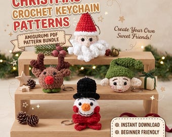 Christmas Crochet Keychain Pattern Bundle PDF, Santa Reindeer Elf Snowman Amigurumi, Holiday DIY Gift