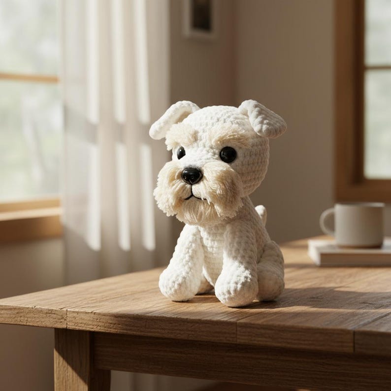 Pu&ograve; includere: Un cane all'uncinetto bianco fatto a mano, con barba soffice e occhi neri, &egrave; seduto su un tavolo di legno. Il cane ha orecchie flosce e una piccola coda. &Egrave; un oggetto decorativo.