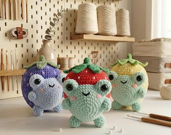 Patrón de ganchillo de rana fresa, tutorial de peluche de fresa roja con forma de rana amigurumi adorable, regalo hecho a mano