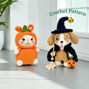 Halloween  Pumpkin & Dog Crochet Pattern Bundle PDF, Amigurumi Bunnyc Witch Plush Toys, Cute Costume Stuffed Animal Patterns