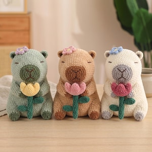 Puede incluir: Tres peluches de capibara hechos de hilo suave, cada uno sentado con los ojos cerrados. El de la izquierda es verde salvia con una flor amarilla, el central es beige con una flor rosa y el de la derecha es crema con una flor rosa oscuro.