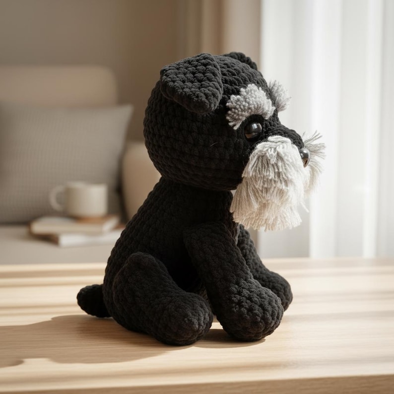 Pu&ograve; includere: Un cane Schnauzer nero all'uncinetto fatto a mano, con dettagli grigi e bianchi. Il cane ha una lunga barba e sopracciglia soffici ed &egrave; seduto in posizione eretta. Realizzato con filato morbido.