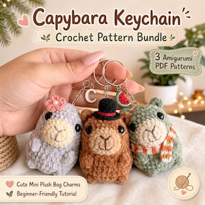 May include: Three crocheted capybara plush keychains featuring a gray one with a pink flower, a brown one with a black top hat, and a green one with an orange and white scarf. The text reads Capybara Keychain Crochet Pattern Bundle.