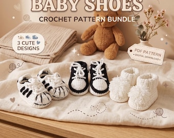 Baby Shoes Crochet Pattern Bundle PDF, 3 Cute Newborn Booties & Sneakers, Handmade Baby Gift