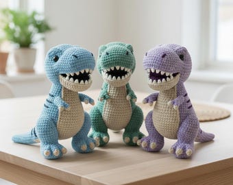 Patrón de ganchillo de T-Rex, juguete de dinosaurio amigurumi en PDF, tutorial para peluche de pie (descarga digital)