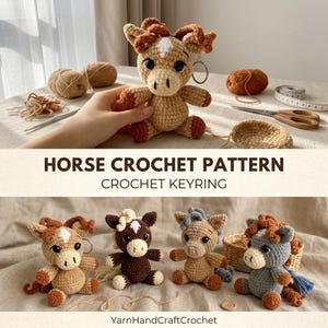Wzór na szydełkowego konia, uroczy mini kucyk amigurumi na breloku, samouczek, prezent na szydełku w kształcie zwierzęcia gospodarskiego