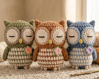 Patrón de ganchillo de búho, Búho dormilón en PDF, Decoración infantil de bosque, Patrón de animal amigurumi fácil