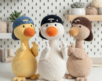Patrón de ganchillo de pato de peluche en PDF, tutorial de amigurumi de ganso adorable, patrón de ganchillo de pato con gorra de béisbol