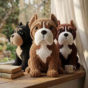 May include: Three crocheted bulldog plush toys in brown, black, and maroon sit on a wooden surface. The brown bulldog is in the center, with a white patch on its chest and a white stripe on its head. A small teacup is next to the maroon bulldog.
